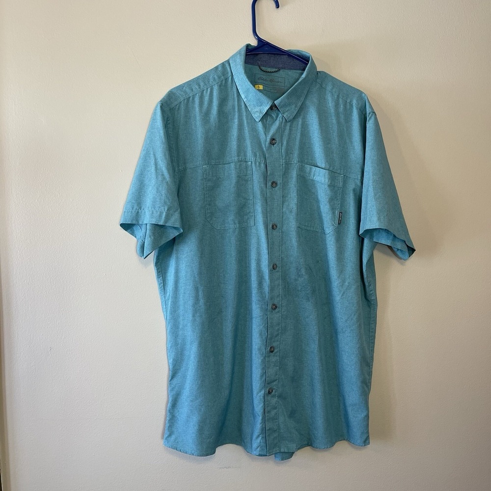 Eddie Bauer Mens Teal Blue Short Sleeve Button Down Performance Shirt XL Classic